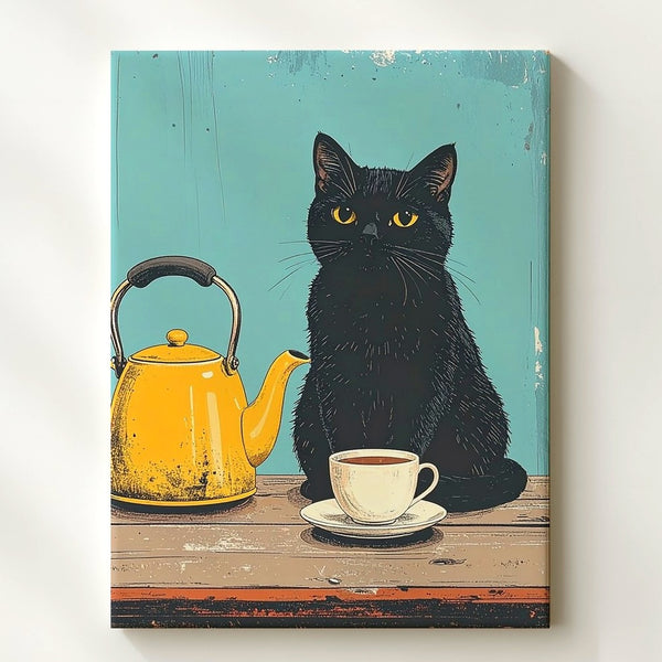 Black Cat & Yellow Teapot Canvas – Whimsical Tea Time Wall Art - Gifitto