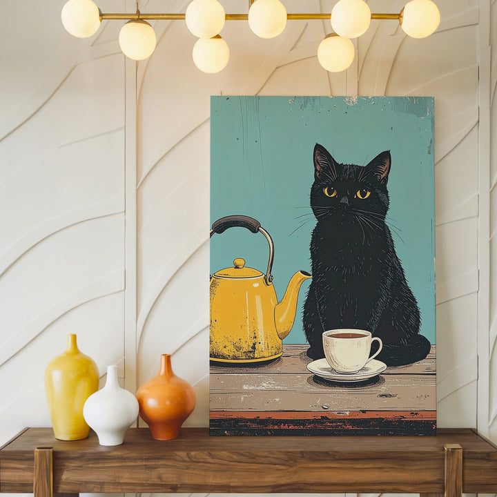 Black Cat & Yellow Teapot Canvas – Whimsical Tea Time Wall Art - Gifitto