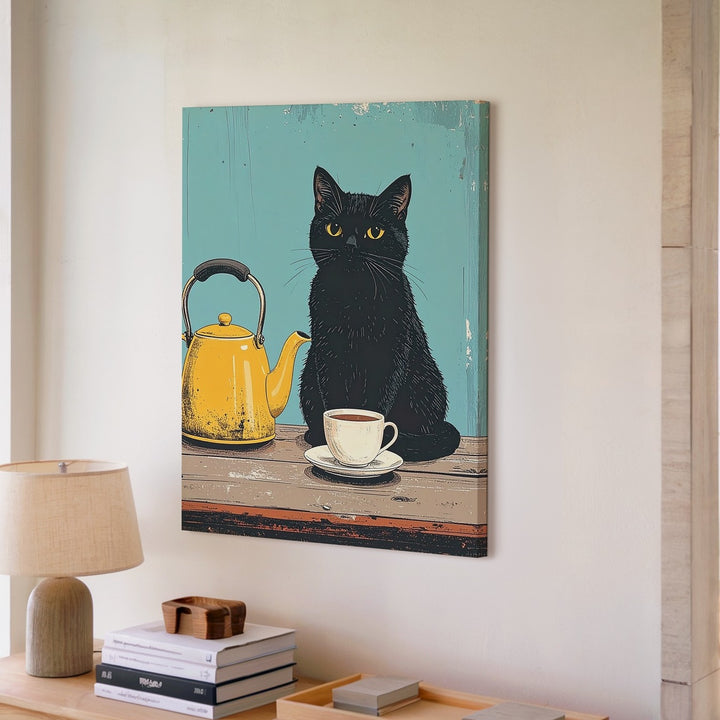 Black Cat & Yellow Teapot Canvas – Whimsical Tea Time Wall Art - Gifitto