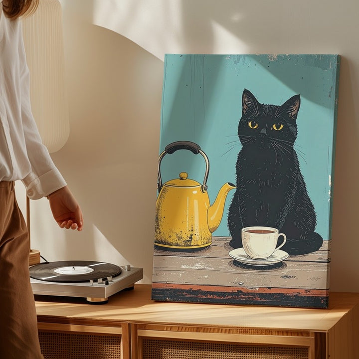 Black Cat & Yellow Teapot Canvas – Whimsical Tea Time Wall Art - Gifitto