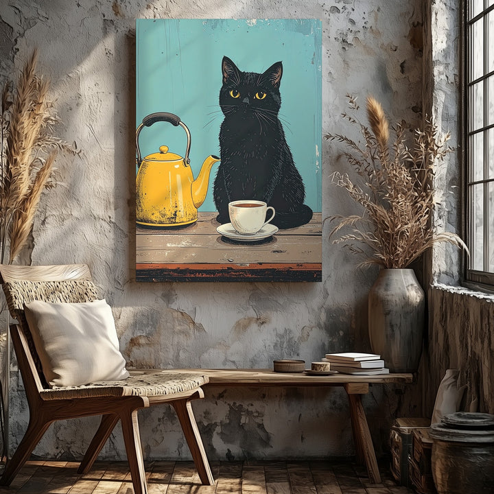 Black Cat & Yellow Teapot Canvas – Whimsical Tea Time Wall Art - Gifitto