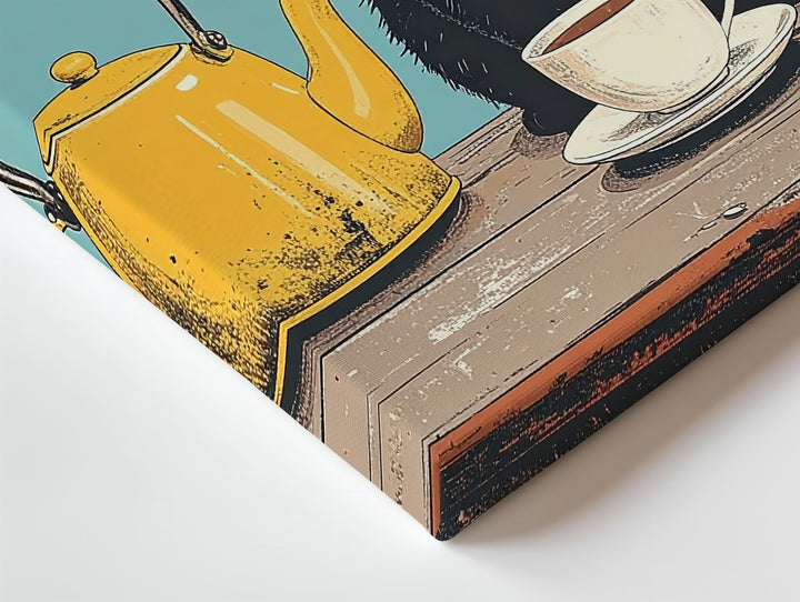 Black Cat & Yellow Teapot Canvas – Whimsical Tea Time Wall Art - Gifitto
