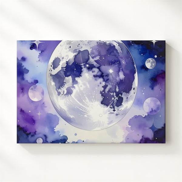 Mystical Full Moon Canvas – Dreamy Watercolor Night Sky with Stars & Clouds - Gifitto