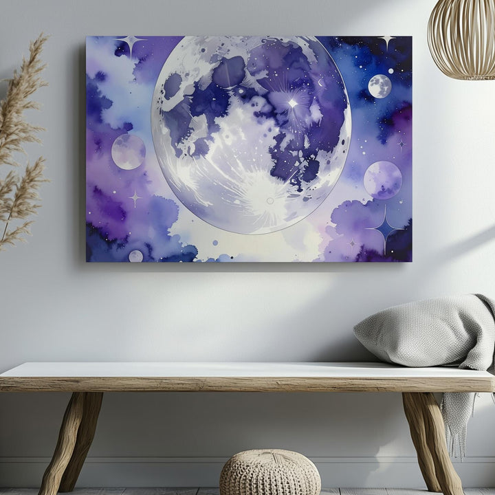 Mystical Full Moon Canvas – Dreamy Watercolor Night Sky with Stars & Clouds - Gifitto