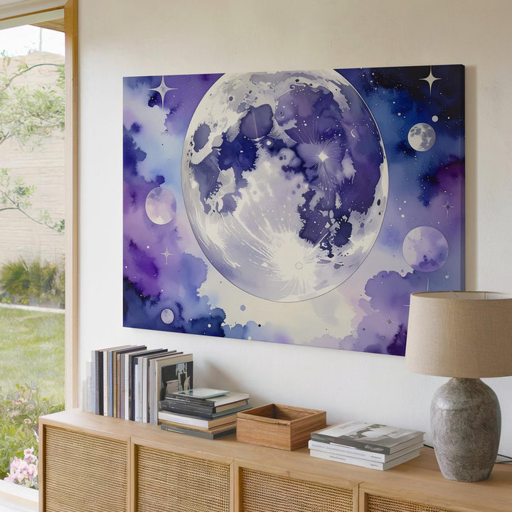 Mystical Full Moon Canvas – Dreamy Watercolor Night Sky with Stars & Clouds - Gifitto