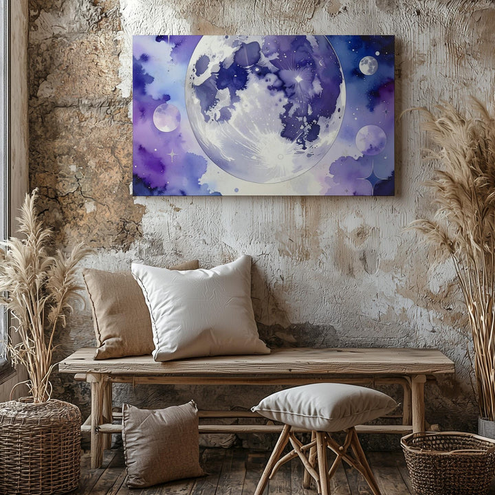 Mystical Full Moon Canvas – Dreamy Watercolor Night Sky with Stars & Clouds - Gifitto
