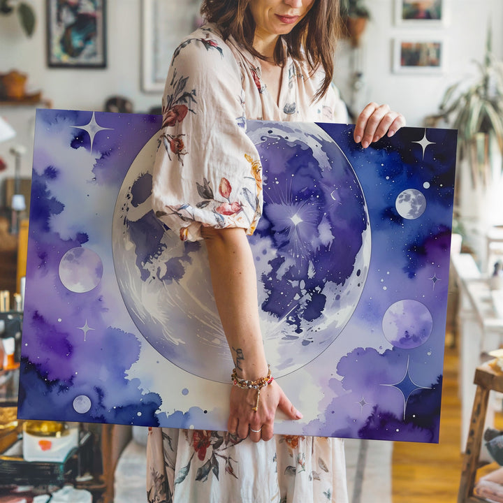 Mystical Full Moon Canvas – Dreamy Watercolor Night Sky with Stars & Clouds - Gifitto