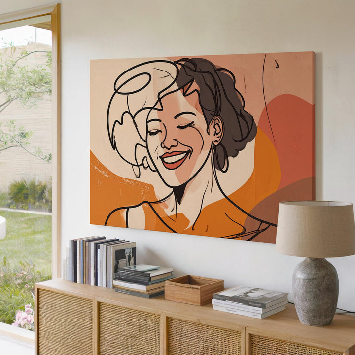 Joyful Expression Canvas – Playful Line Drawing of Woman with Bold Color Blocks - Gifitto