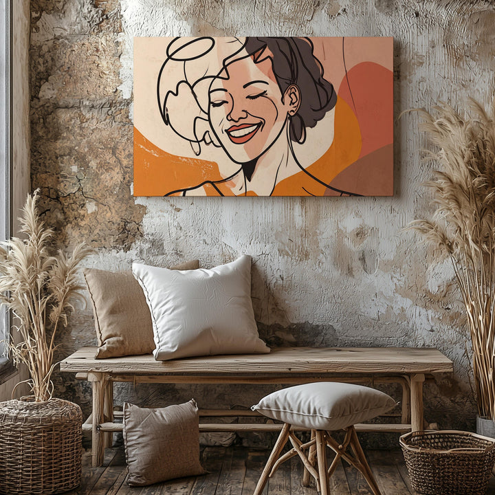 Joyful Expression Canvas – Playful Line Drawing of Woman with Bold Color Blocks - Gifitto