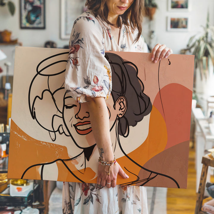 Joyful Expression Canvas – Playful Line Drawing of Woman with Bold Color Blocks - Gifitto