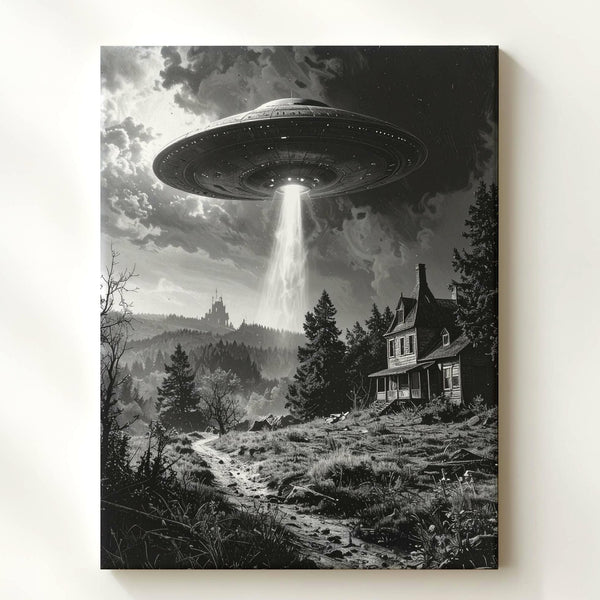 Haunted UFO Encounter Canvas – Ghostly Landscape & Beam of Light Art - Gifitto