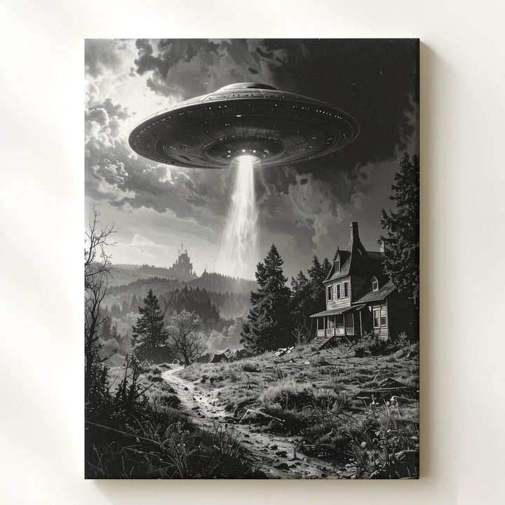 Haunted UFO Encounter Canvas – Ghostly Landscape & Beam of Light Art - Gifitto