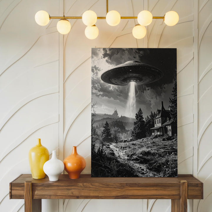 Haunted UFO Encounter Canvas – Ghostly Landscape & Beam of Light Art - Gifitto