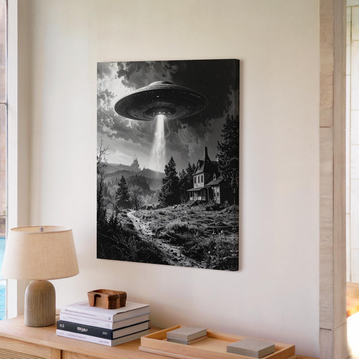 Haunted UFO Encounter Canvas – Ghostly Landscape & Beam of Light Art - Gifitto
