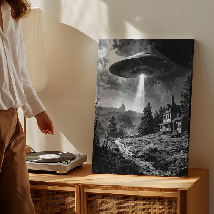 Haunted UFO Encounter Canvas – Ghostly Landscape & Beam of Light Art - Gifitto