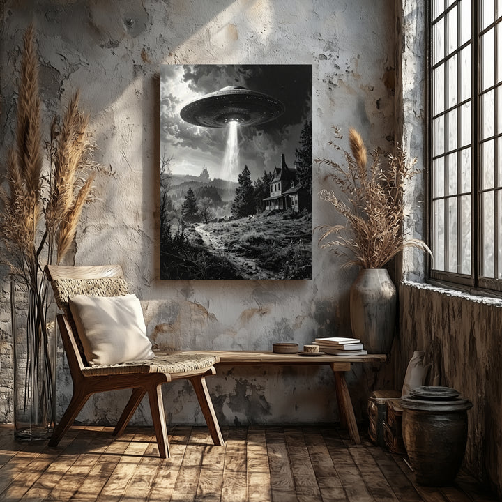 Haunted UFO Encounter Canvas – Ghostly Landscape & Beam of Light Art - Gifitto