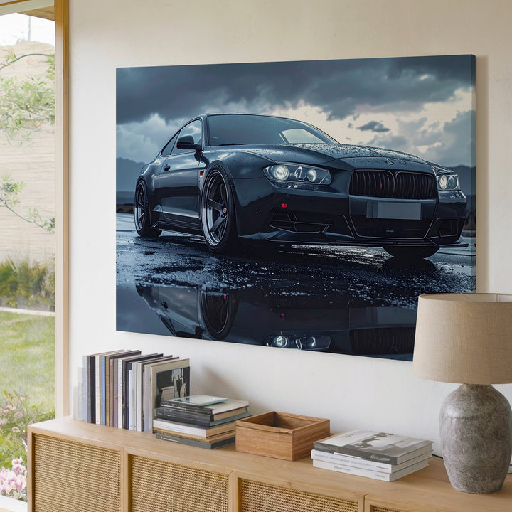 BMW M4 Sunset Reflection Canvas – Black Performance Car on Wet Road - Gifitto