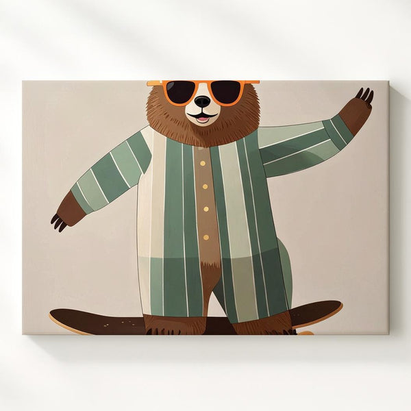 Skateboarding Bear Canvas – Whimsical Pajama Animal Wall Art for Playful Spaces - Gifitto