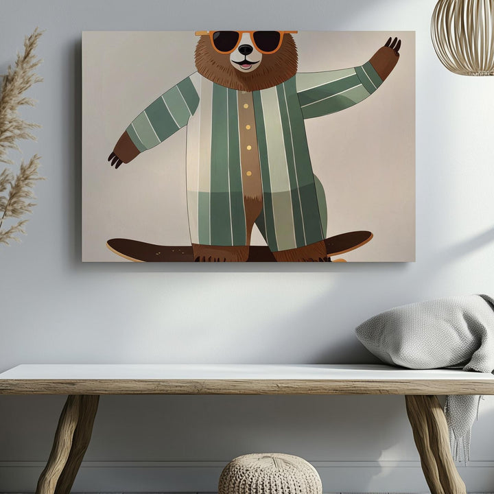 Skateboarding Bear Canvas – Whimsical Pajama Animal Wall Art for Playful Spaces - Gifitto