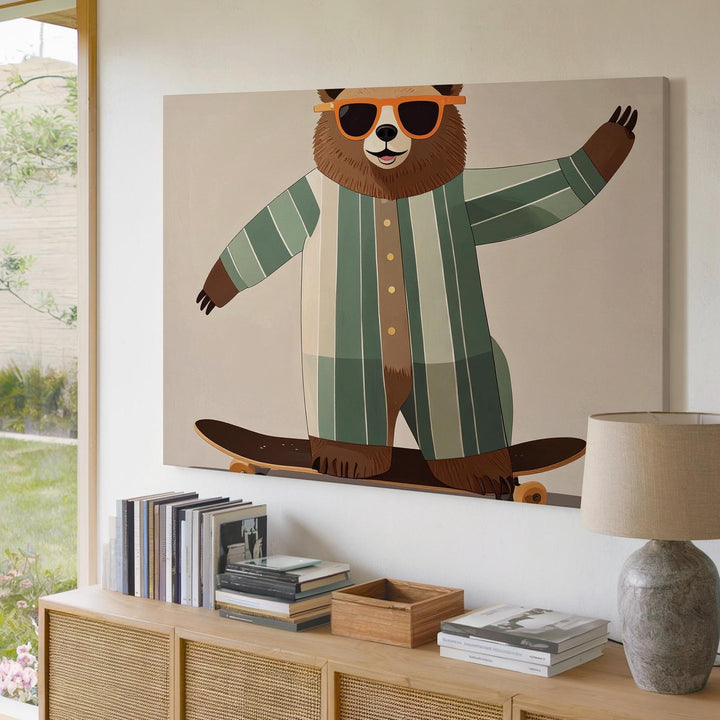 Skateboarding Bear Canvas – Whimsical Pajama Animal Wall Art for Playful Spaces - Gifitto