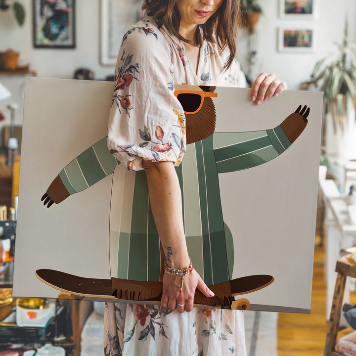 Skateboarding Bear Canvas – Whimsical Pajama Animal Wall Art for Playful Spaces - Gifitto