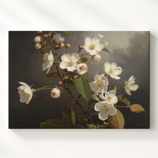 Midnight Bloom Canvas – Dark Botanical Wall Art with White Flowers - Gifitto
