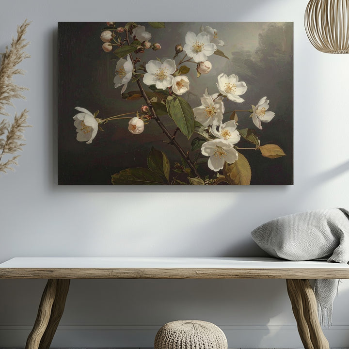 Midnight Bloom Canvas – Dark Botanical Wall Art with White Flowers - Gifitto