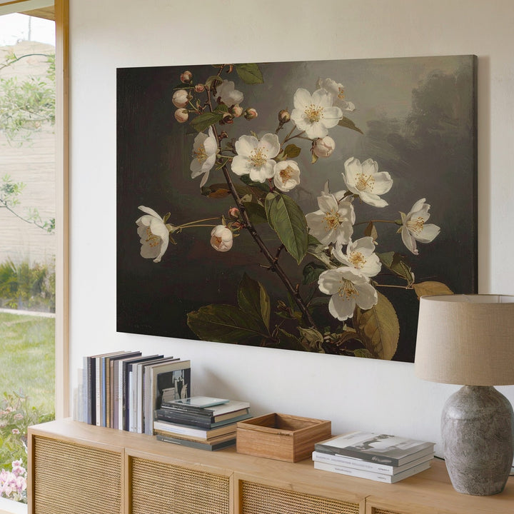 Midnight Bloom Canvas – Dark Botanical Wall Art with White Flowers - Gifitto