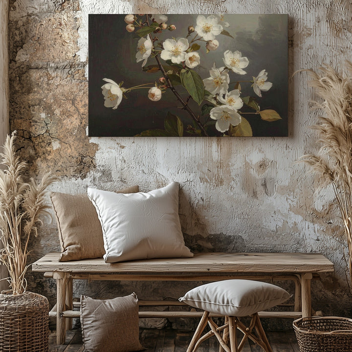 Midnight Bloom Canvas – Dark Botanical Wall Art with White Flowers - Gifitto