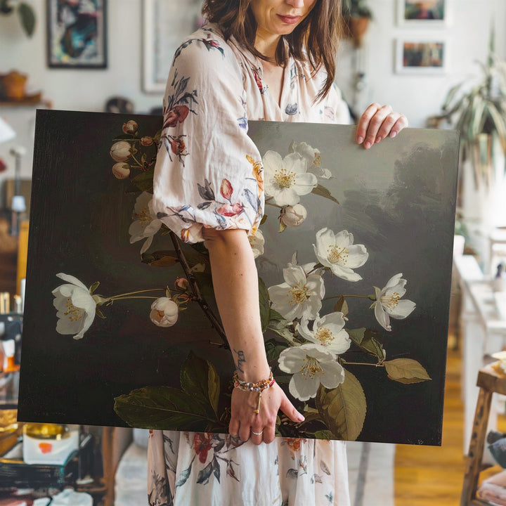 Midnight Bloom Canvas – Dark Botanical Wall Art with White Flowers - Gifitto