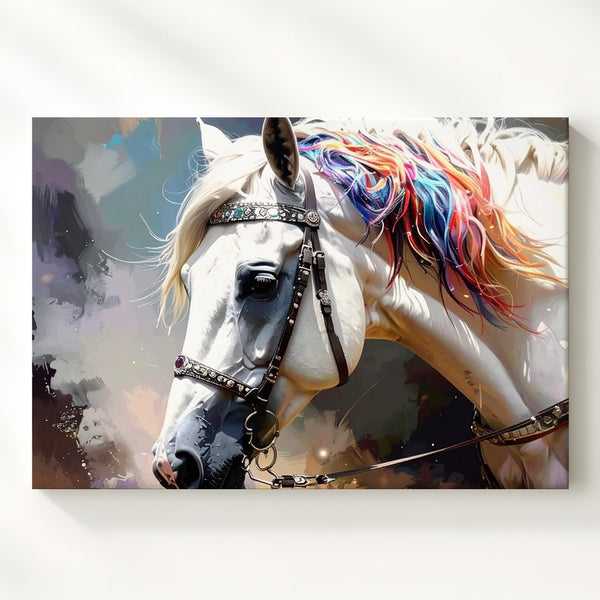 Celestial Grace Canvas – Fantasy White Horse with Jewel-Toned Mane - Gifitto