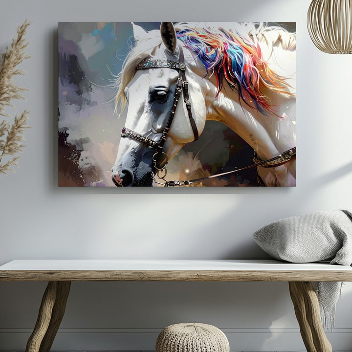 Celestial Grace Canvas – Fantasy White Horse with Jewel-Toned Mane - Gifitto