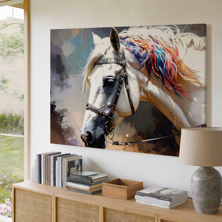Celestial Grace Canvas – Fantasy White Horse with Jewel-Toned Mane - Gifitto