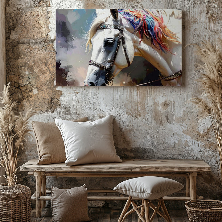 Celestial Grace Canvas – Fantasy White Horse with Jewel-Toned Mane - Gifitto
