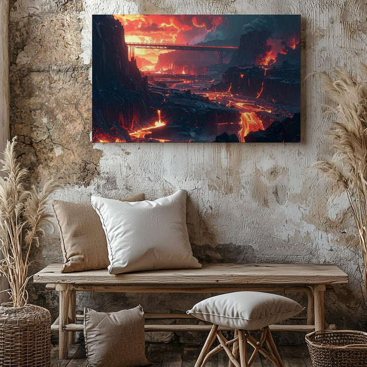 Molten Alien Landscape Canvas – Fiery Rivers and Volcanic Cliffs - Gifitto