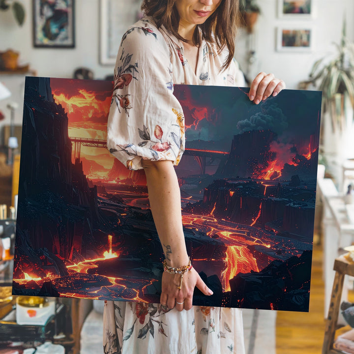 Molten Alien Landscape Canvas – Fiery Rivers and Volcanic Cliffs - Gifitto