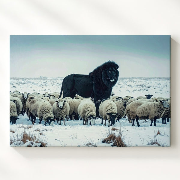 Black Lion Among Sheep Canvas – Symbolic Winter Scene of Power & Stillness - Gifitto