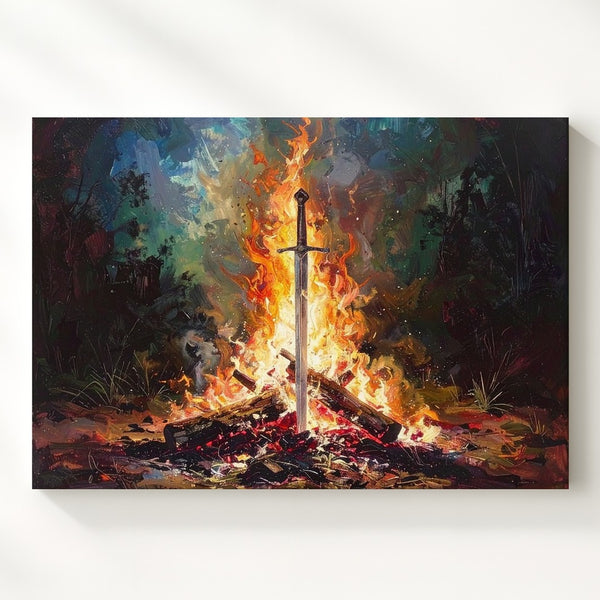 Sword in the Flame Canvas – Dramatic Fantasy Bonfire Wall Art - Gifitto
