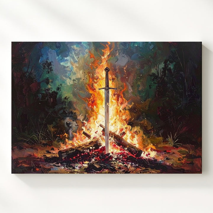 Sword in the Flame Canvas – Dramatic Fantasy Bonfire Wall Art - Gifitto