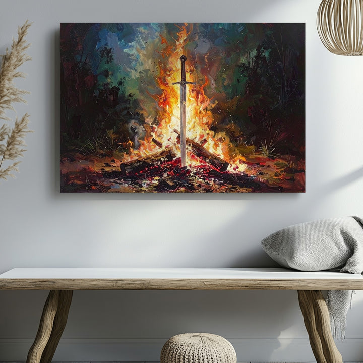 Sword in the Flame Canvas – Dramatic Fantasy Bonfire Wall Art - Gifitto