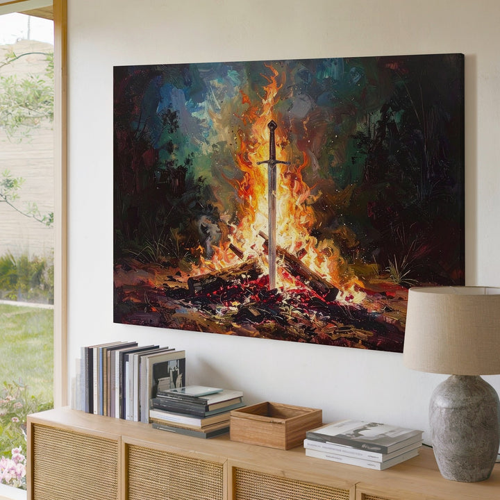 Sword in the Flame Canvas – Dramatic Fantasy Bonfire Wall Art - Gifitto