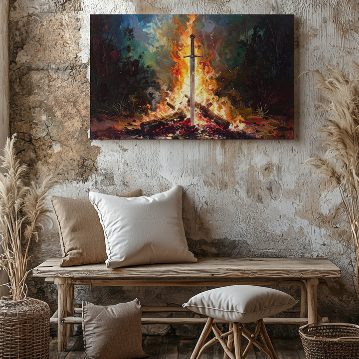 Sword in the Flame Canvas – Dramatic Fantasy Bonfire Wall Art - Gifitto