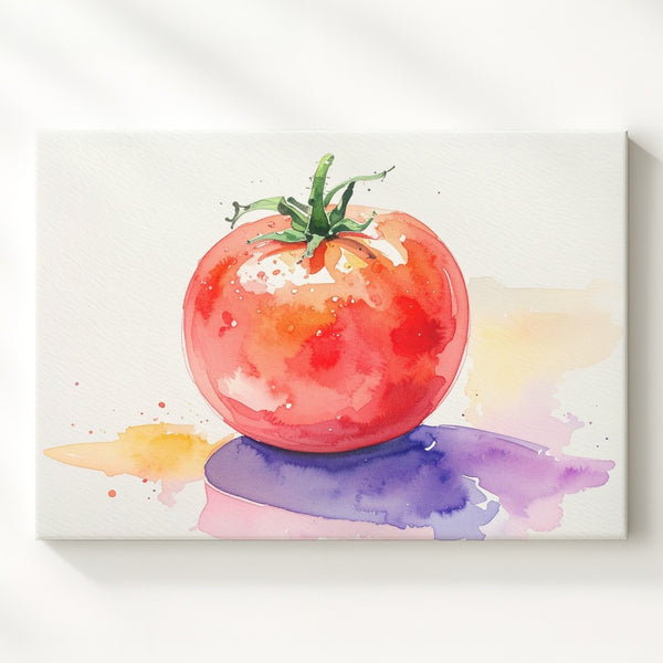 Minimal Watercolor Tomato Canvas – Impressionist Fruit with Abstract Shadows - Gifitto