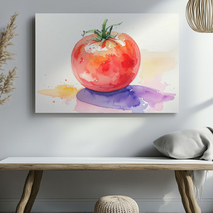 Minimal Watercolor Tomato Canvas – Impressionist Fruit with Abstract Shadows - Gifitto