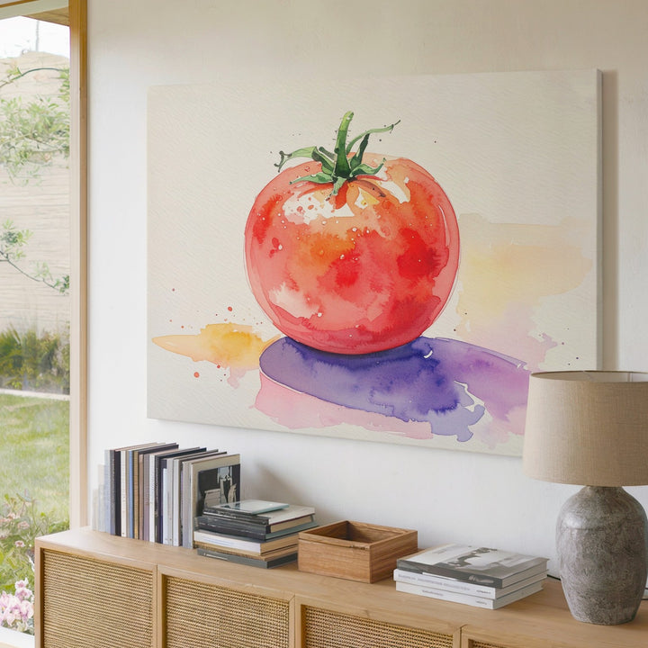 Minimal Watercolor Tomato Canvas – Impressionist Fruit with Abstract Shadows - Gifitto