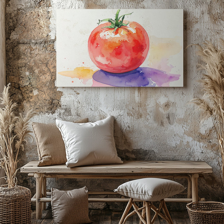 Minimal Watercolor Tomato Canvas – Impressionist Fruit with Abstract Shadows - Gifitto