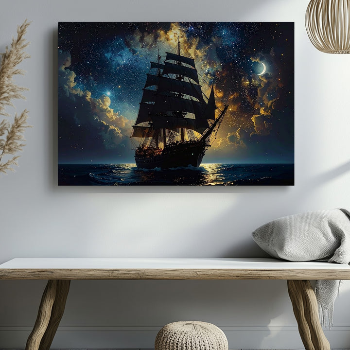 Starlit Voyage Canvas – Celestial Tall Ship Sailing Through the Cosmic Sea - Gifitto