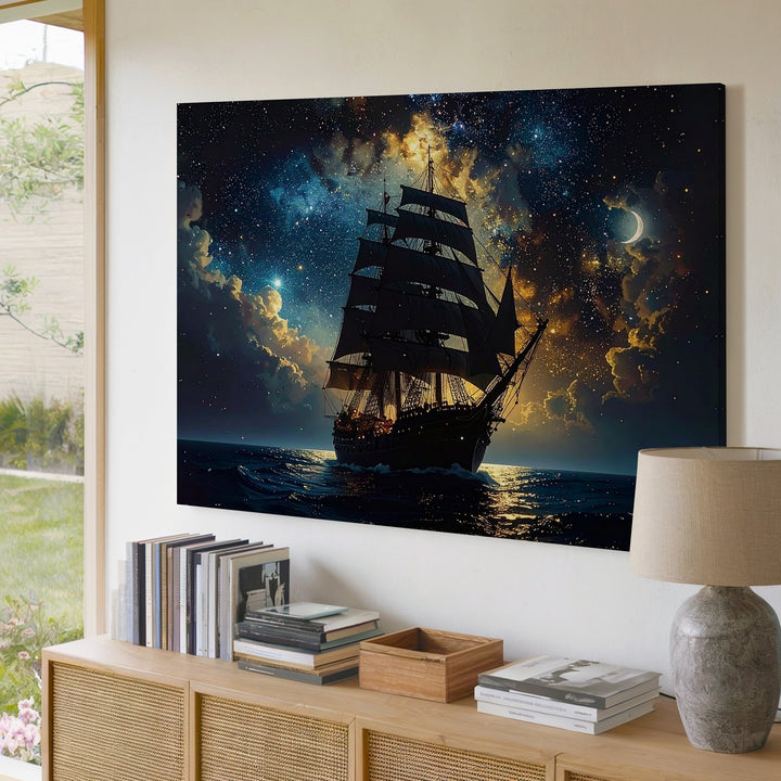 Starlit Voyage Canvas – Celestial Tall Ship Sailing Through the Cosmic Sea - Gifitto