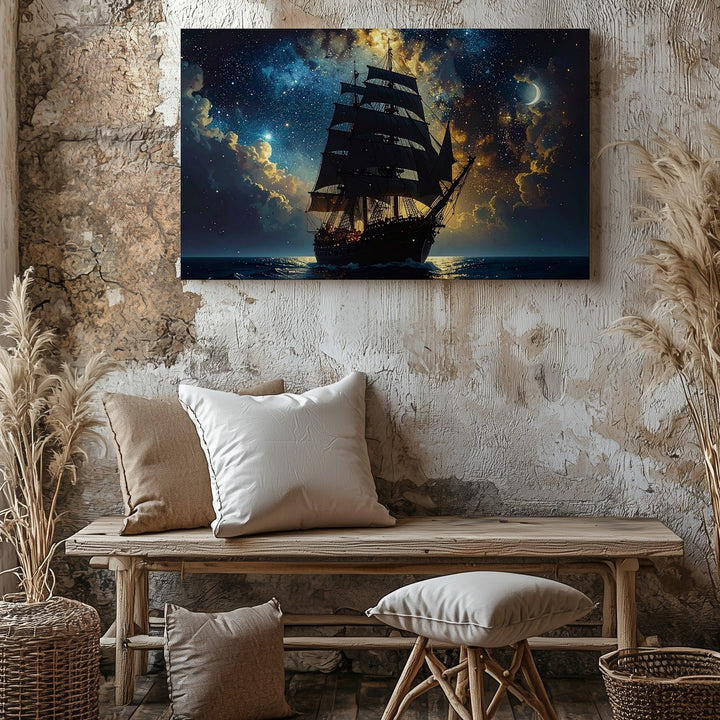 Starlit Voyage Canvas – Celestial Tall Ship Sailing Through the Cosmic Sea - Gifitto