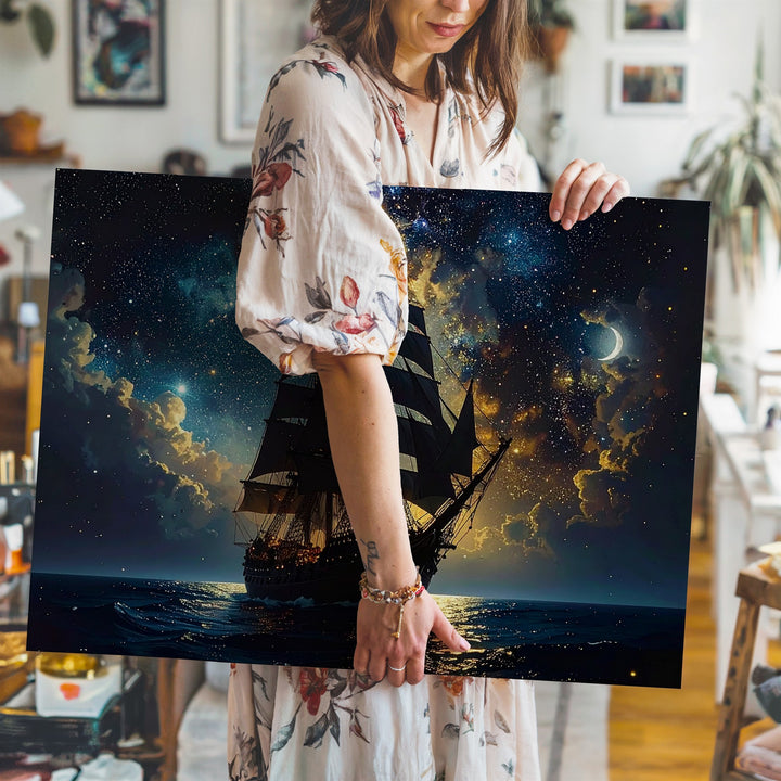 Starlit Voyage Canvas – Celestial Tall Ship Sailing Through the Cosmic Sea - Gifitto